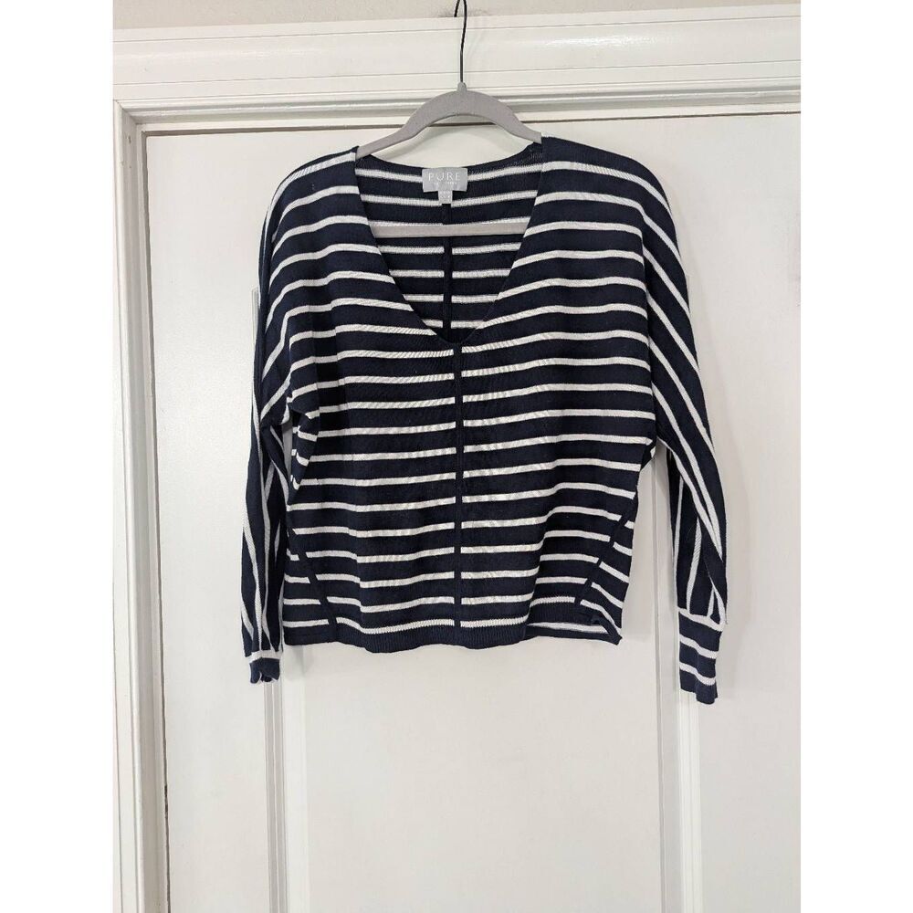 PURE Collection Dolman Sweater women's size 4‎ navy blue striped cotton cashmere